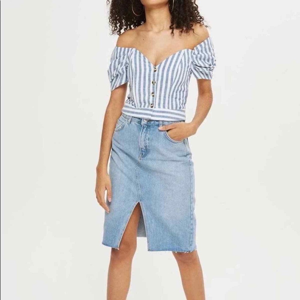 TOP SHOP BLUE & WHITE STRIPE BUTTON UP CROP TOP Off Shoulder Puff Sleeve